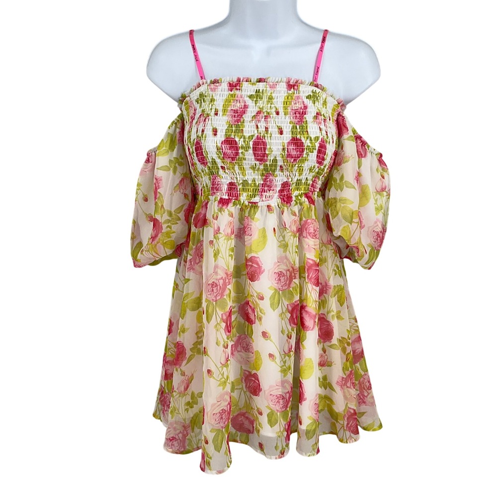 Betsey Johnson Dress Sz XS Pink Rose Garden Smocked Off Shoulder Mini Coquette